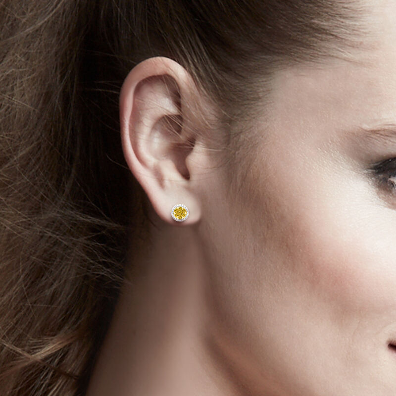 White and Yellow Diamond 1ctw. Cluster Halo Stud Earrings in 14k Yellow Gold image number null